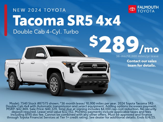 New 2024 Toyota Tacoma SR5 Double Cab 4x4 Truck Lease Special at Falmouth Toyota - Bourne, MA - Cape Cod Dealership